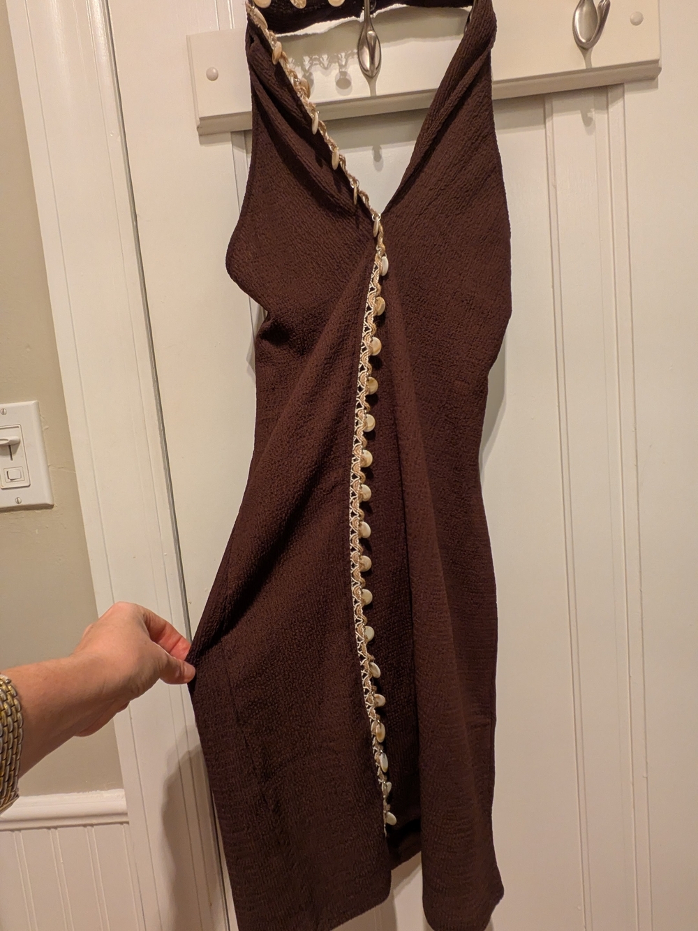 Boho Brown V-Neck Halter Dress with Crochet & Shell Like Button Trim